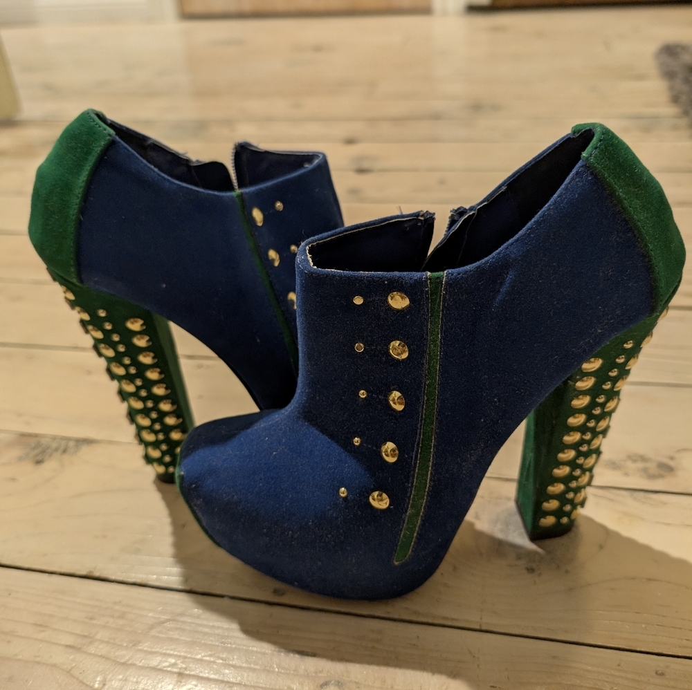 Faux Suede Green and Blue Studded Platforms